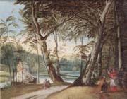 A wooded landscape with a beggar kneeling before a cardinal